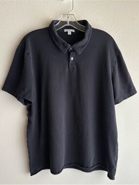 James Perse Black Short-Sleeve Cotton Polo Stitched Cropped Hem